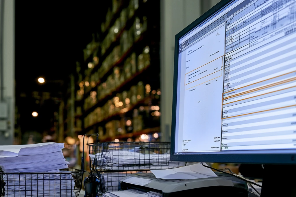 A monitor in a darkened warehouse office showing a scanned document beside a spreadsheet with several rows marked in amber. Wire trays heaped with paperwork and a flatbed scanner sit in front of it, and tall pallet racking recedes into shadow through a doorway behind.