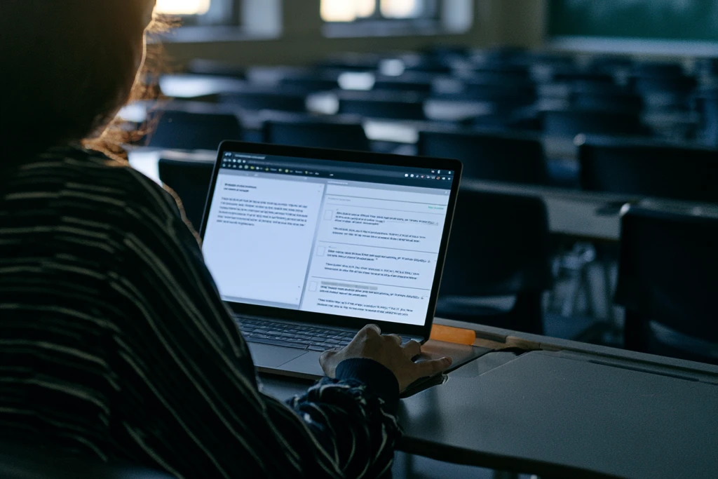 Seen over a teacher’s shoulder in an empty classroom late in the day, a laptop showing a written answer on the left and a list of scored criteria on the right. Rows of empty desks and a chalkboard recede into shadow behind.