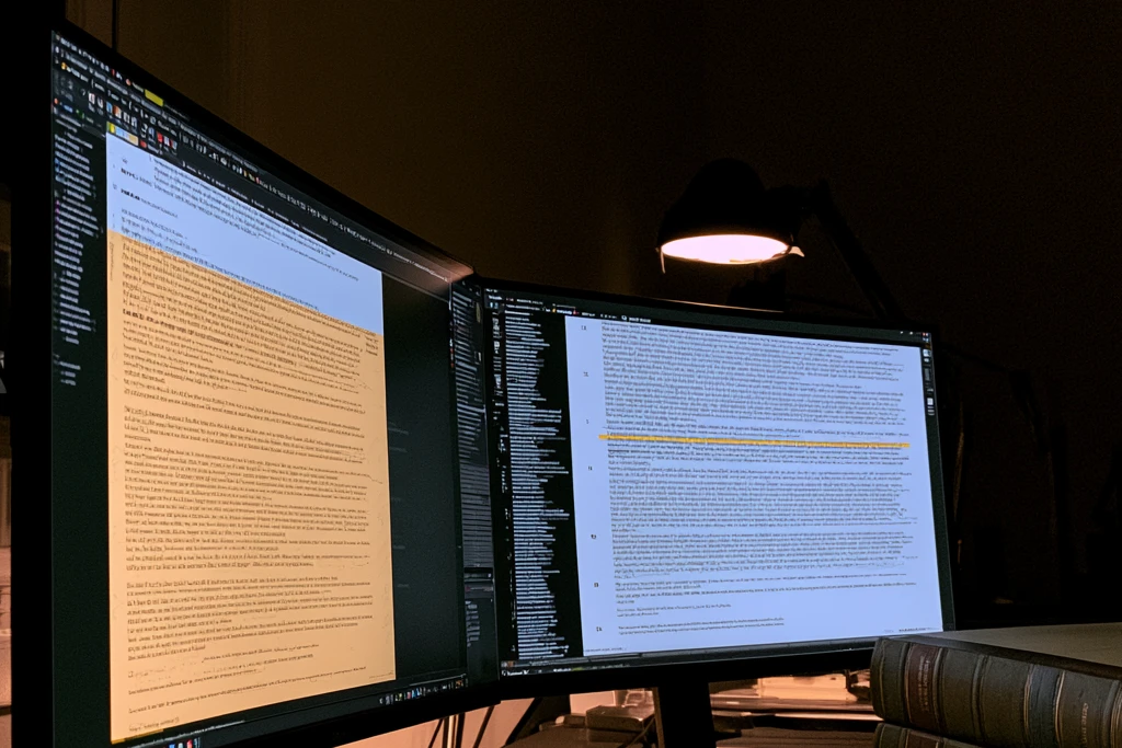 Two monitors on a desk in a darkened office, each showing a dense page of legal text with one passage highlighted in amber. A desk lamp glows behind them and two bound case volumes are stacked at the right.