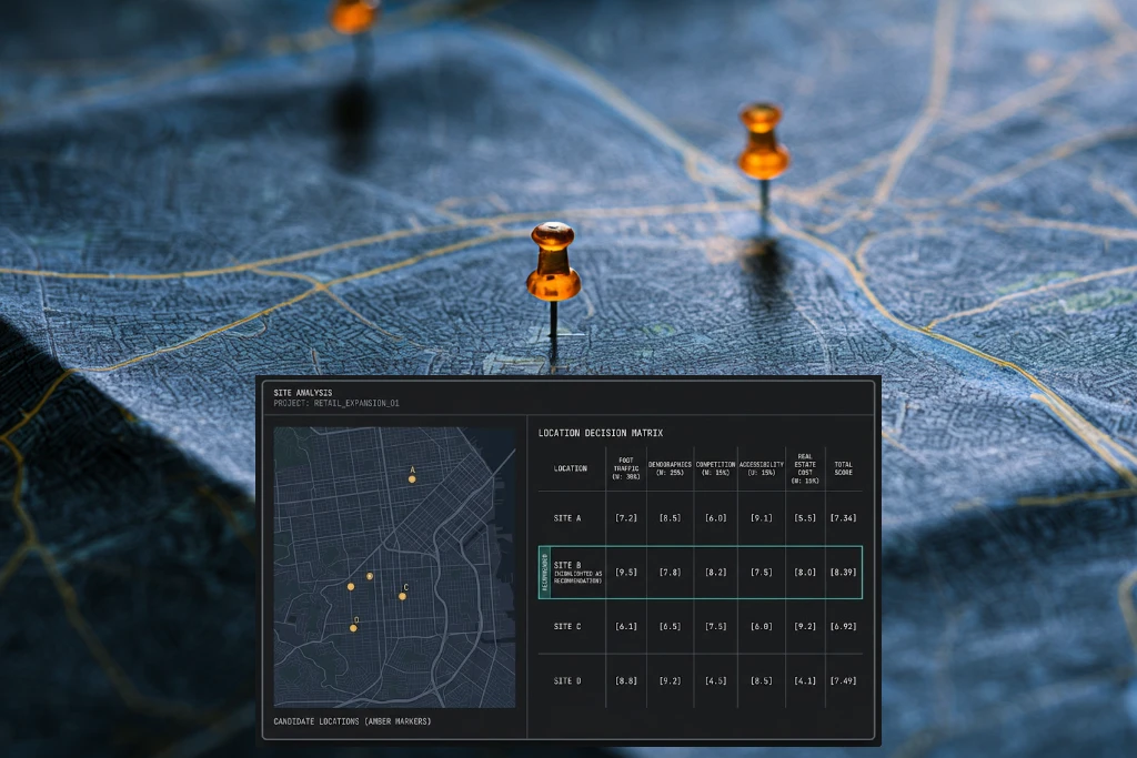 A dark topographic city map with three amber pins standing in it, and an overlaid dark panel headed Site Analysis listing four candidate locations scored across five weighted criteria, one of them ringed as the recommendation.
